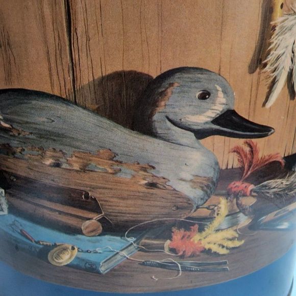 Vintage Plymouth Trash Can Waste Basket Duck Fly Fishing Mens Office Study MCM - Picture 7 of 10